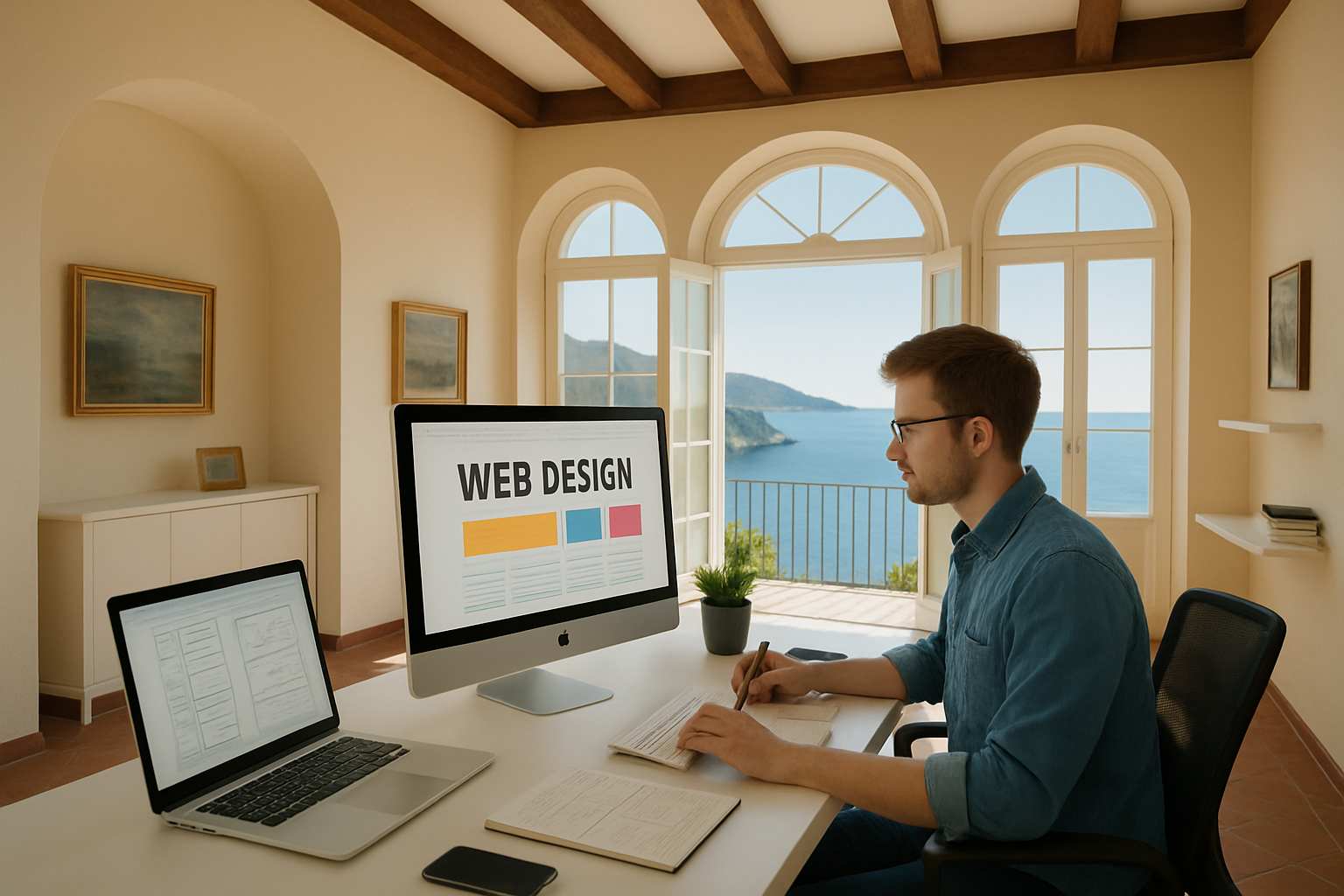 Two women sitting at a modern table talking with a city view behind them.